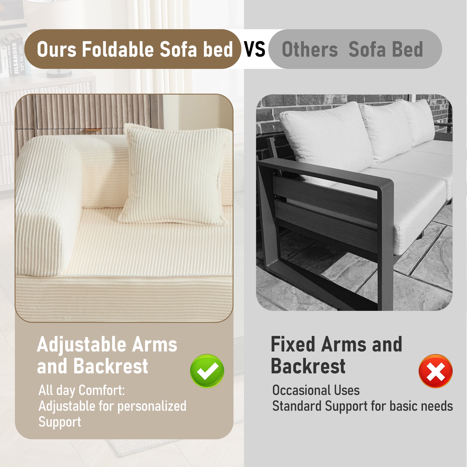 Convertible Sleeper Sofa Bed In Beige With Corduroy Fabric_voghion.com